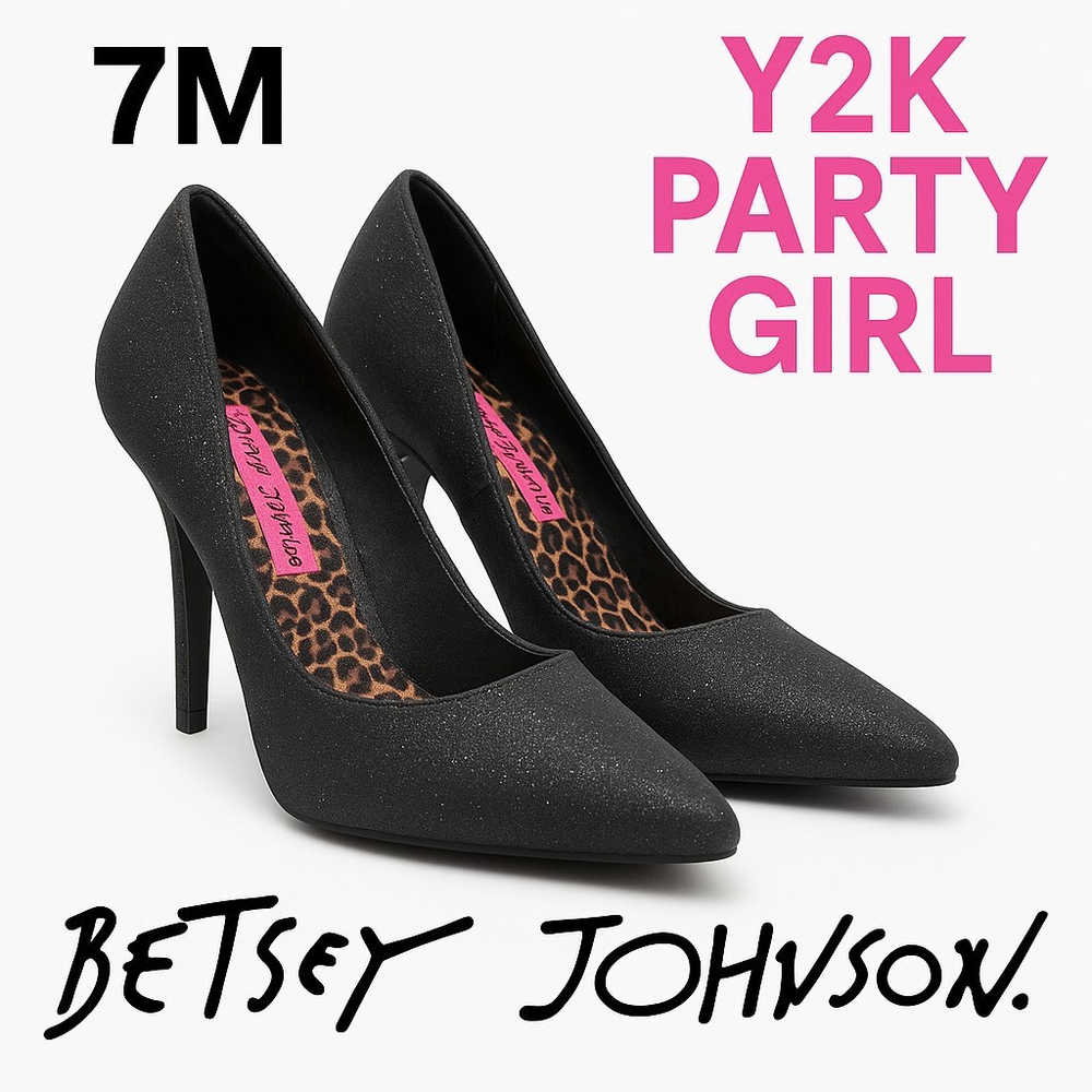 Y2K Betsey Johnson Black Glitter Stiletto Heels Women’s 7M Party Club Pumps - Picture 1 of 9